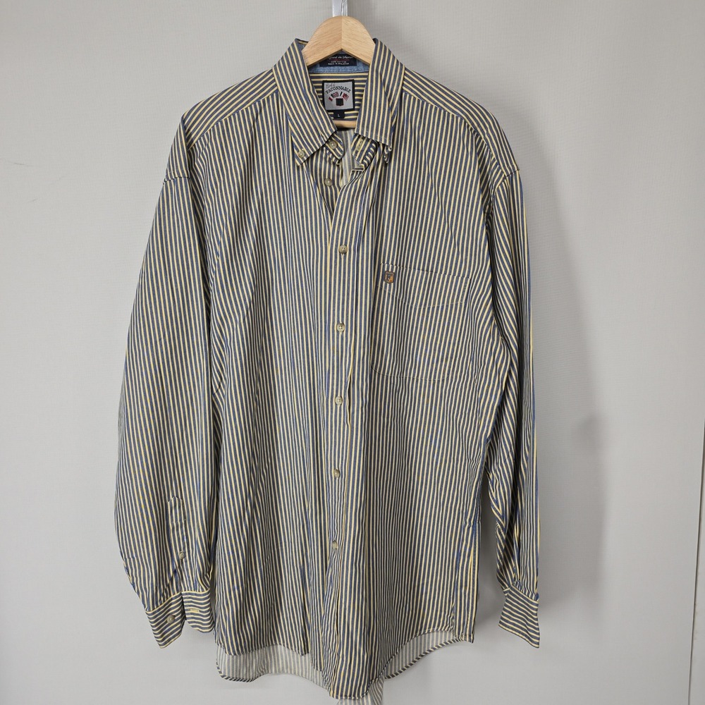 Faconnable‎ Mens Large Blue Yellow Striped Long Sleeve Button Down Shirt Cotton